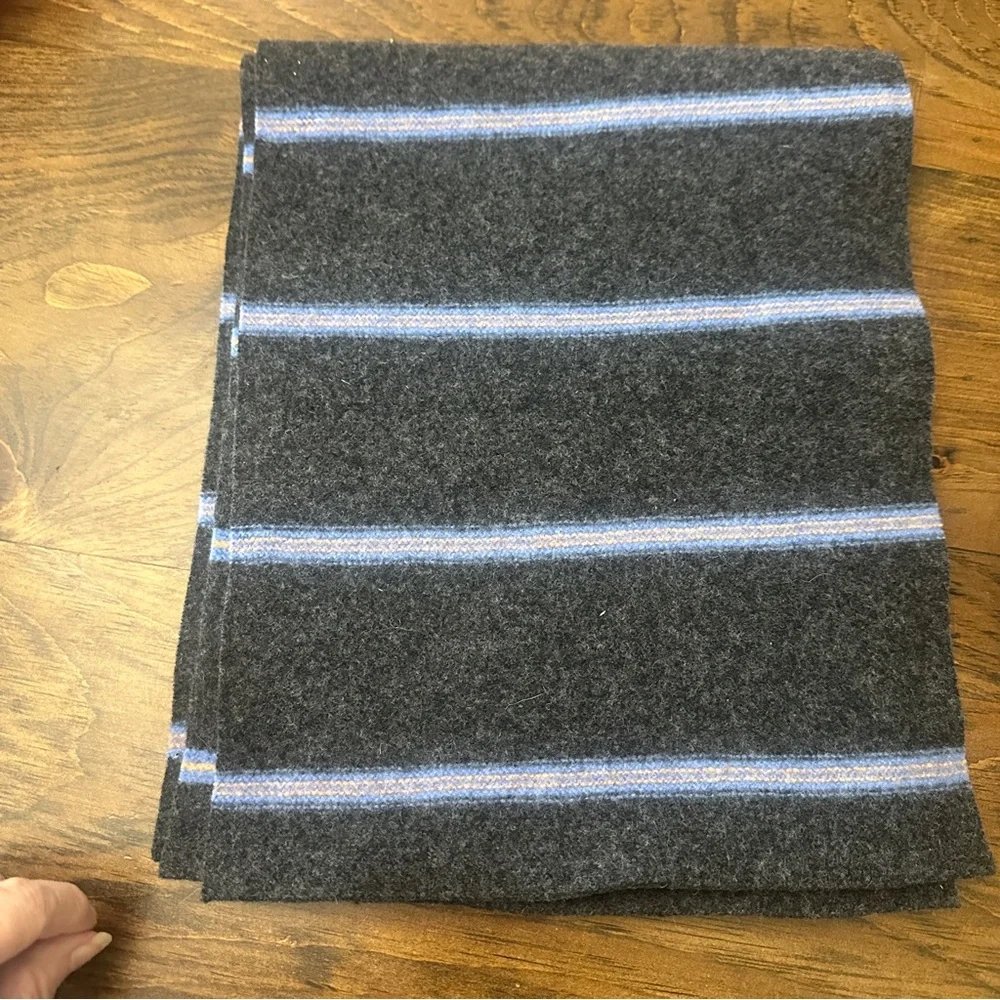 Drake’s Ben Silver Scarf Hat Glove Set Lambs Wool Dark Gray Blue Stripe